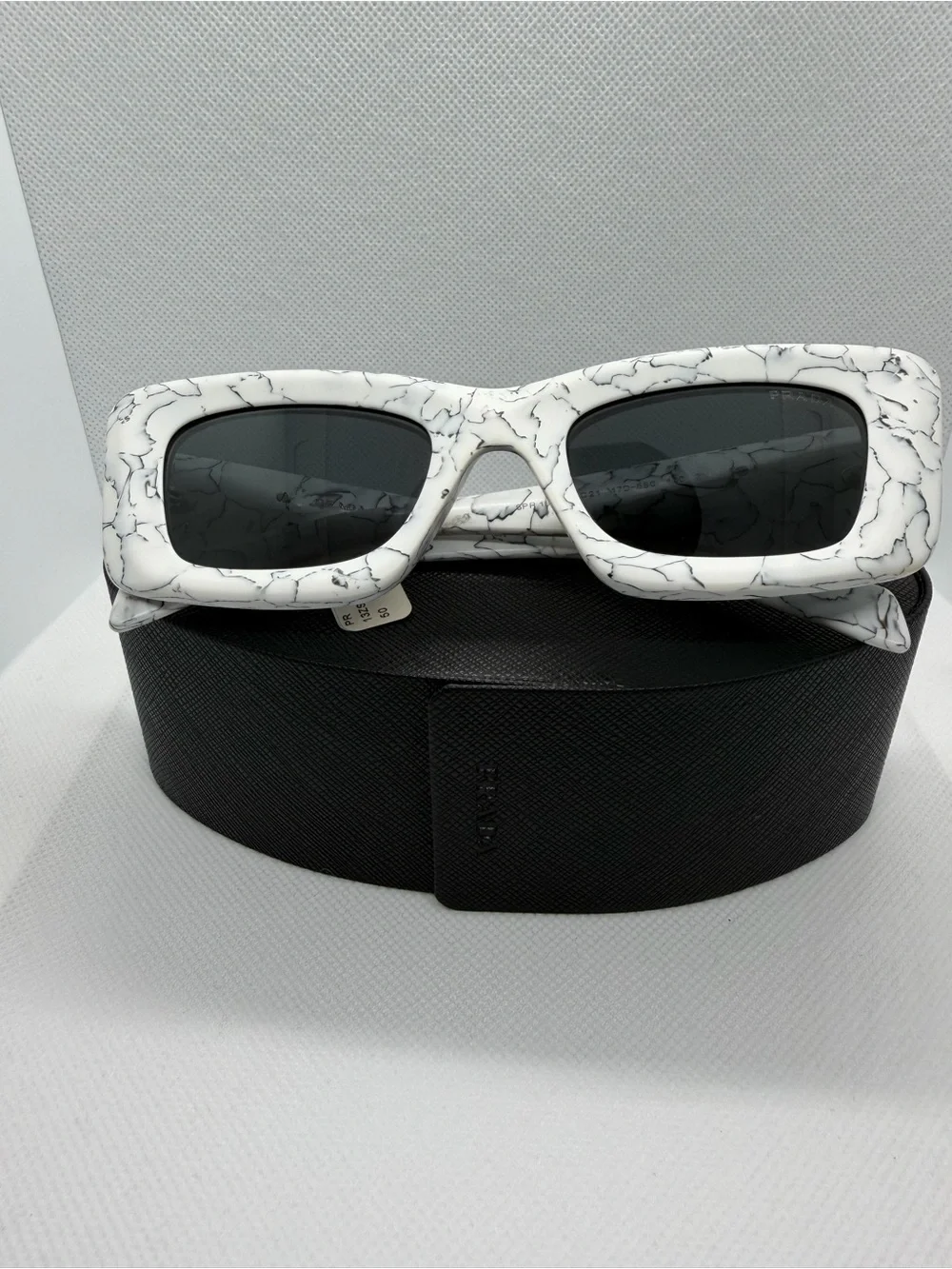 Prada White Marble Rectangular Sunglasses with Dark Lenses